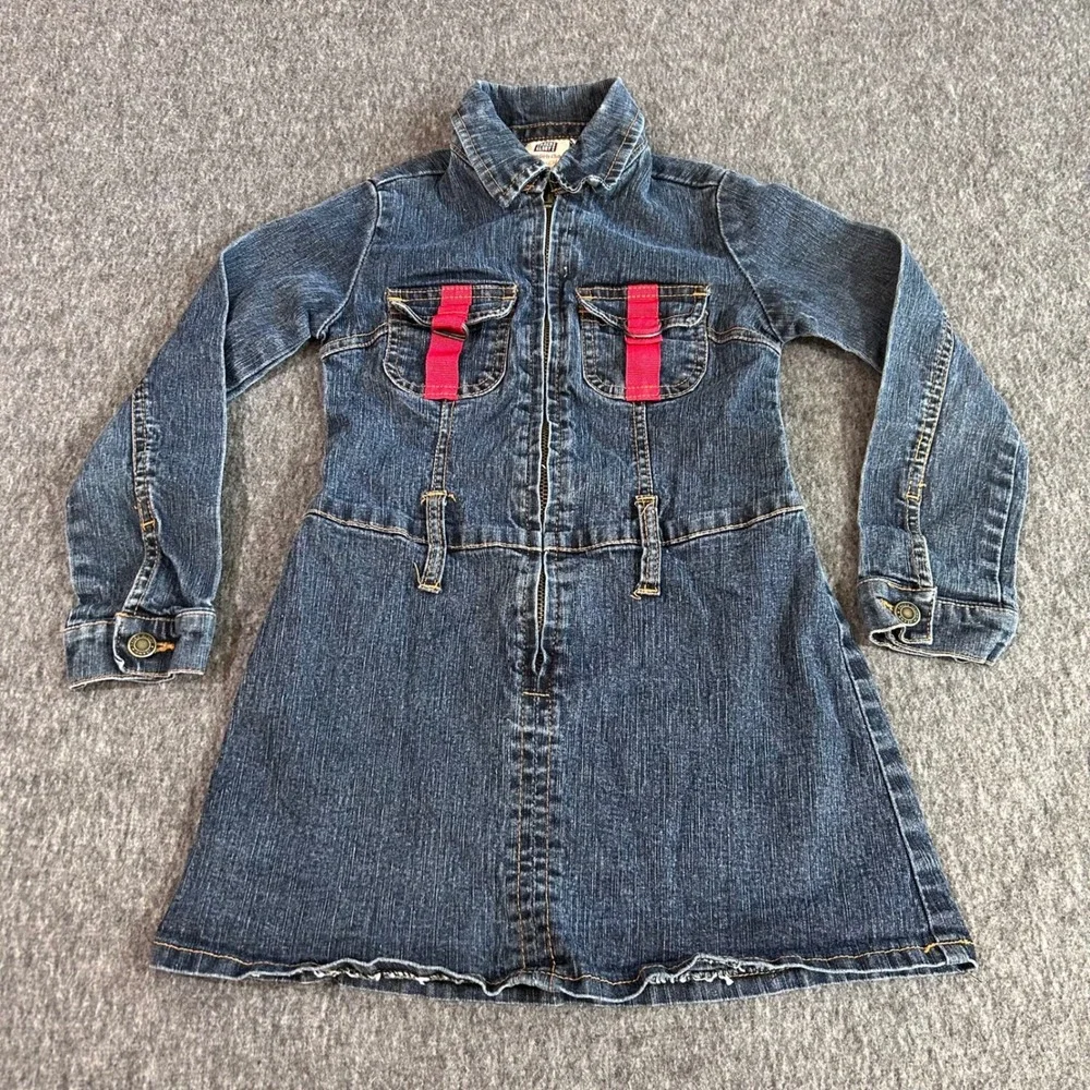 Faded Glory Girls Club Stretch Denim Zip Front Dress Dark Wash Red Accents 6/6X